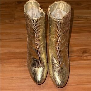 Gold Snake-Embossed Ankle Boots - Women's Fashion Booties